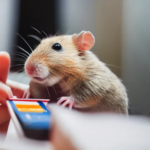 Image similar to photo of a hamster holding a credit card, on a contactless payment terminal, in a cinema, various poses, unedited, soft light, sharp focus, 8 k