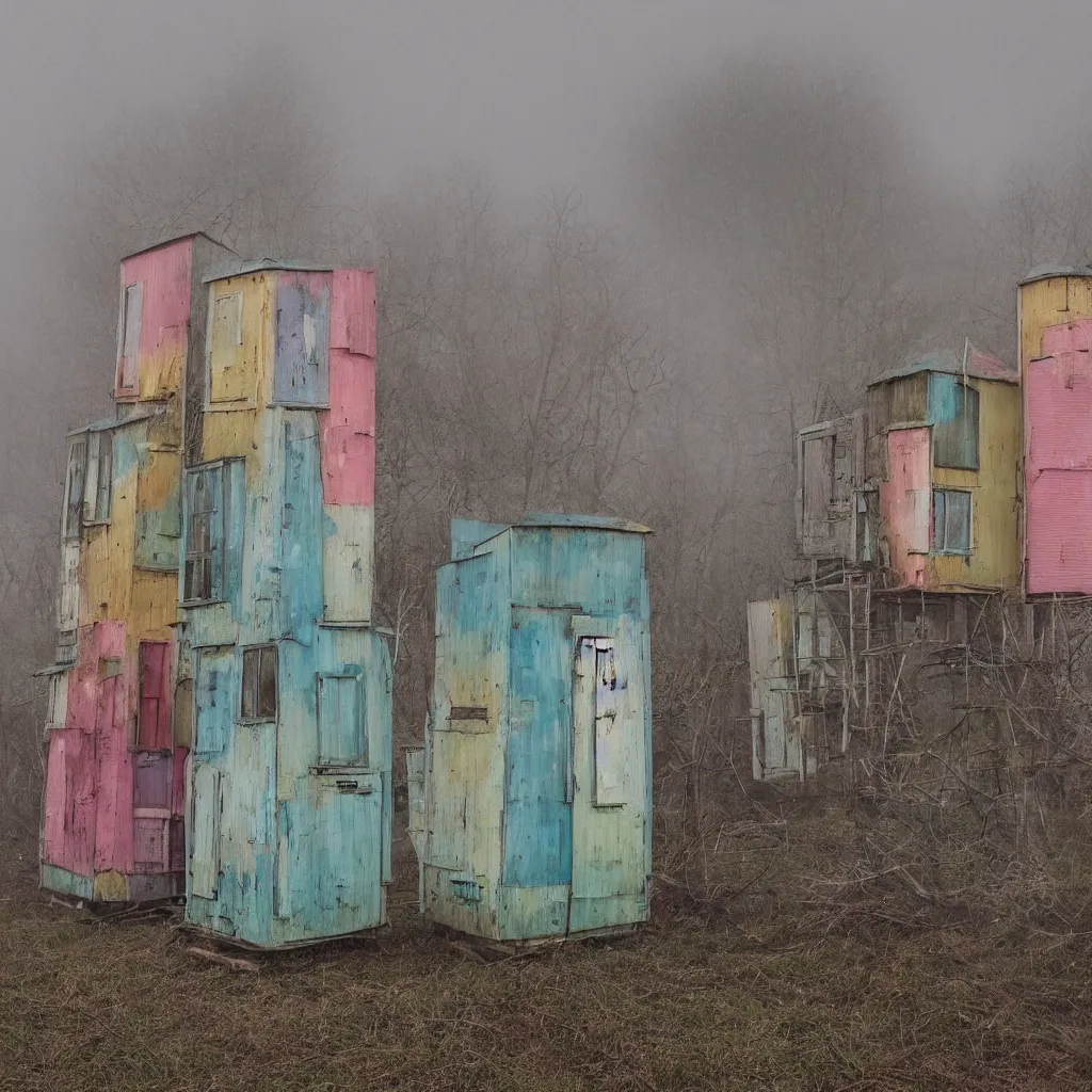 Prompt: two towers, made up of makeshift squatter shacks with pastel colours, misty, dystopia, mamiya rb 6 7, fully frontal view, very detailed, photographed by jeanette hagglund