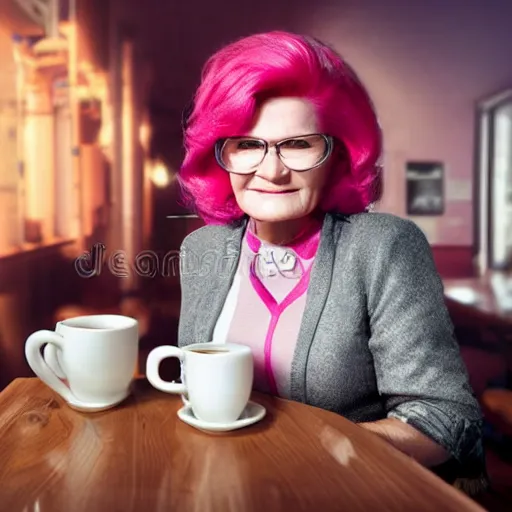 Image similar to captain janeway sharing coffee with a robotic fox with pink hair, inside a french cafe, real life photo, hdr 8 k advertising photography, studio lighting