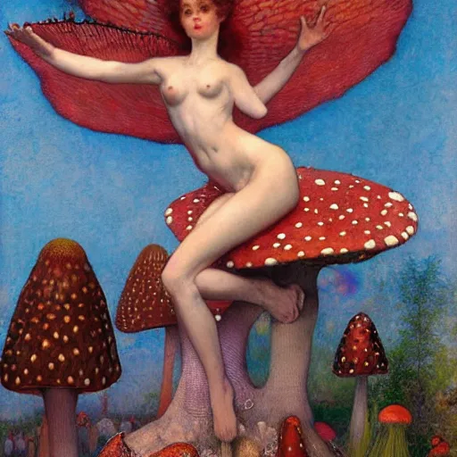 Prompt: masterpiece full body portrait of a fairy woman with a perfect body dancing atop a giant amanita muscaria mushroom cap, by Edgar Maxence and Ross Tran and Michael Whelan and Gustav Klimpt