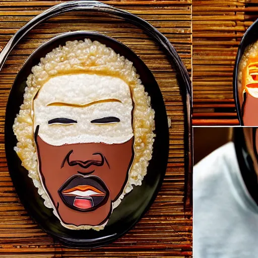 Image similar to a face of kanye west made of congee, congee chinese food photography