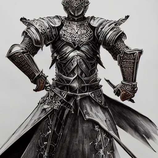 Image similar to A majestic knight in shiny armor, basic white background, symmetrical, watercolor, pen and ink, intricate line drawings, by Yoshitaka Amano, Ruan Jia, Kentaro Miura, Artgerm, detailed, trending on artstation, hd, masterpiece,