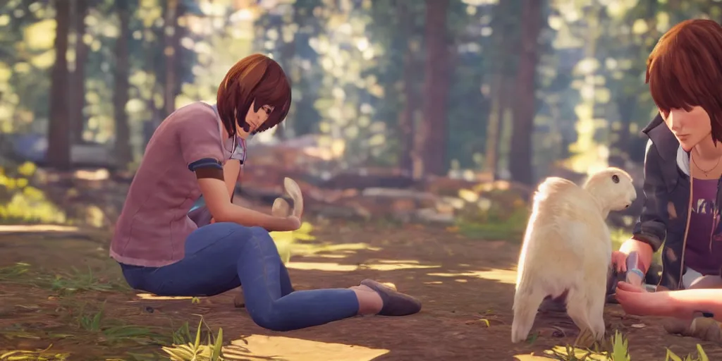 Prompt: max caulfield petting a rabbit in the video game life is strange, screenshot