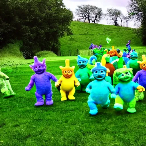 Prompt: a photo of a green field, with an army of differently coloured and shaped teletubbies, marching together.