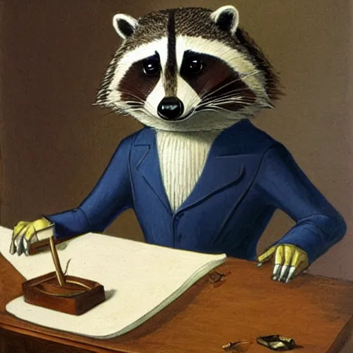 Image similar to anthropomorphic Raccoon artificer working at a desk, wearing traditional clothes, oil painting