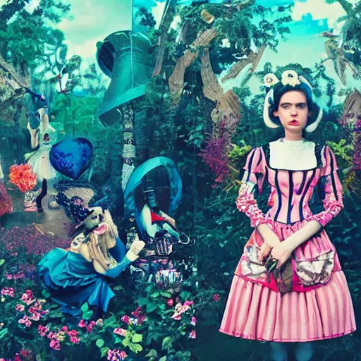 Prompt: Alice in wonderland, she looks like a mix of grimes, Lana Del Rey and zoë Kravitz, in the style of Möbius, inspired by neoclassical paintings, British mod style, harajuku street fashion, hyper detailed