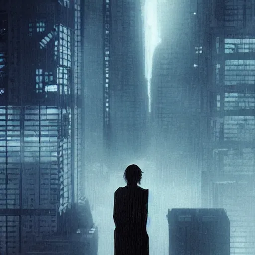 Image similar to “ girl standing on a roof looking down at a foggy futuristic new york city below, ghostpunk, blade runner, cyberpunk, storm clouds, very detailed, by mike deodato ”
