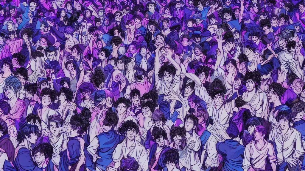 Prompt: a detailed small group of people seen from the front dancing together at a concert,, dark blue and intense purple color palette, in the style of kentaro miura
