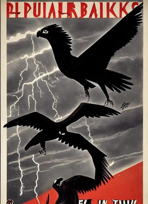 Prompt: balck Vulture with one lightning bolts in 1940s propaganda poster