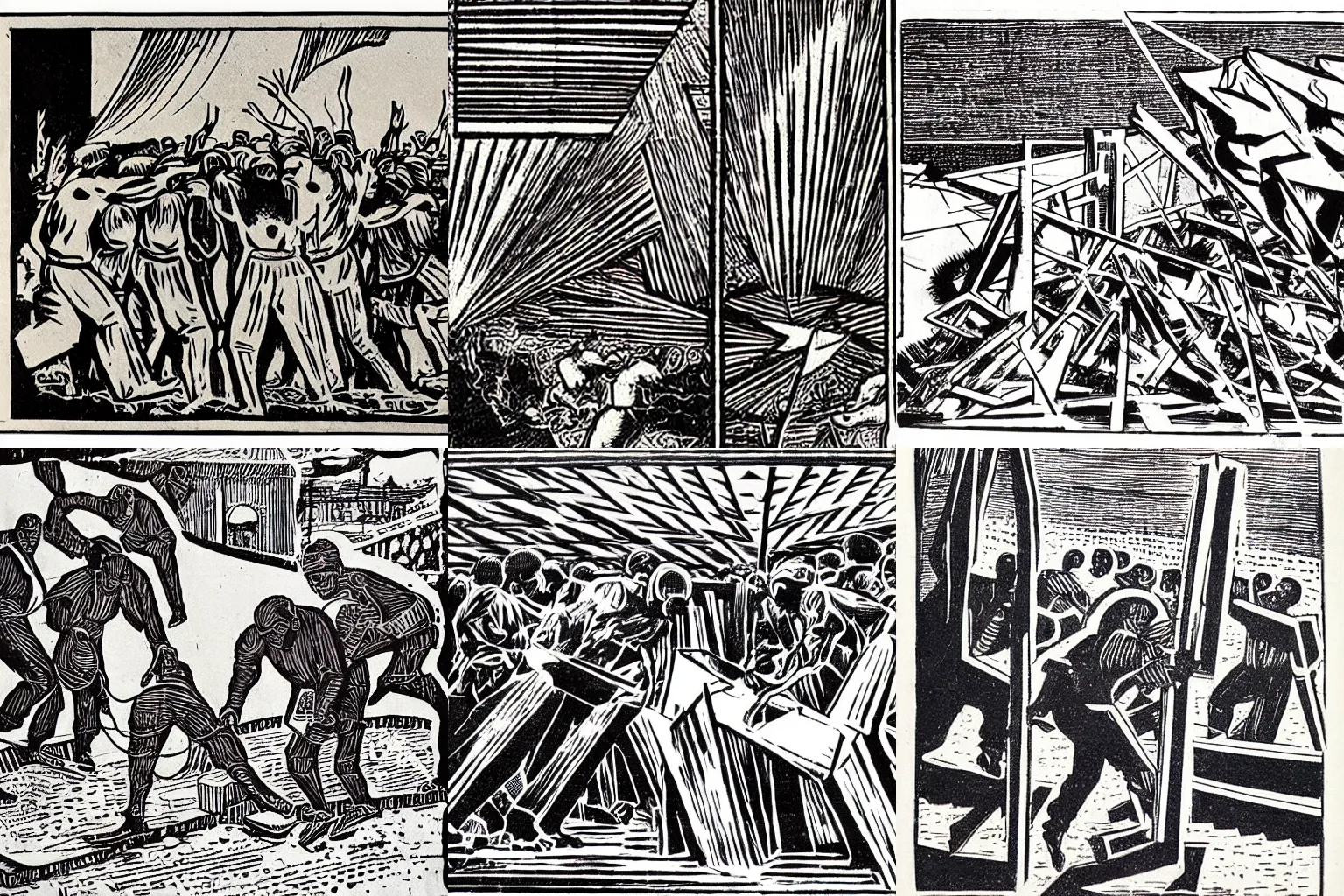 Prompt: things fall apart, the centre cannot hold. a dynamic woodcut in tradition of italian futurism and agitprop