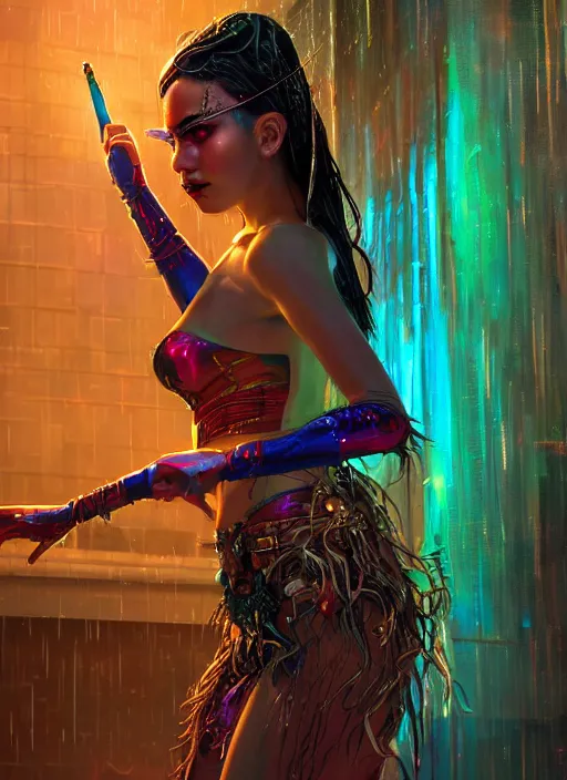 Prompt: An epic fantasy comic book style portrait painting of a very beautiful cyberpunk Hula Dancer in the rain, neon reflections, character design by Mark Ryden and Pixar and Hayao Miyazaki, unreal 5, DAZ, hyperrealistic, octane render, cosplay, RPG portrait, dynamic lighting, intricate detail, cinematic