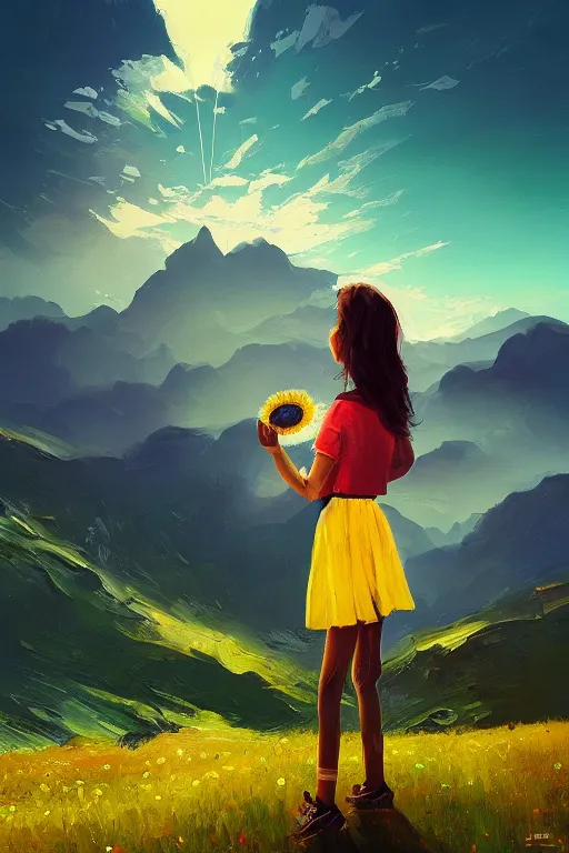 Image similar to giant daisy flower head, girl hiking in the mountains, surreal photography, sunrise, dramatic light, impressionist painting, colorful clouds, digital painting, artstation, simon stalenhag