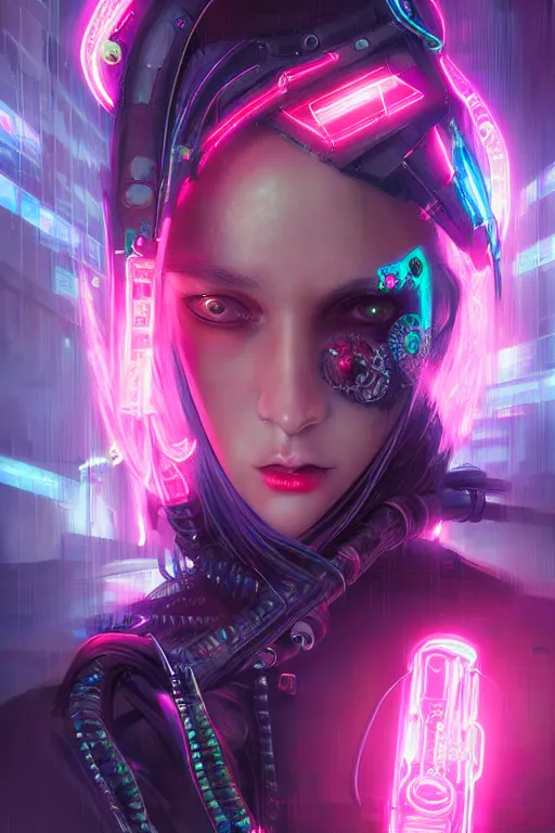 Prompt: portrait futuristic demonic cyberpunk female pirate, in futuristic stormy electric flashing tokyo rooftop cyberpunk night, ssci-fi, fantasy, intricate, very very beautiful, elegant, neon light, highly detailed, digital painting, artstation, concept art, soft light, hdri, smooth, sharp focus, illustration, art by tian zi and craig mullins and WLOP and alphonse mucha