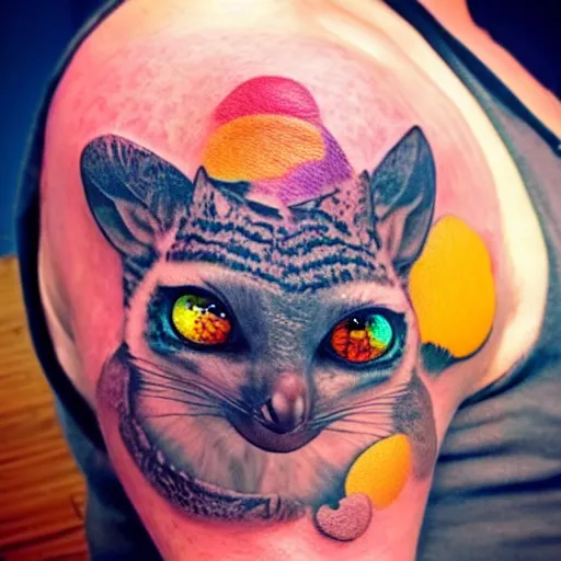 Prompt: shoulder tattoo of a multicolored trippy furry cute bushbaby with rainbow colored spiral eyes, surrounded with colorful shrooms and flowers, insanely integrate