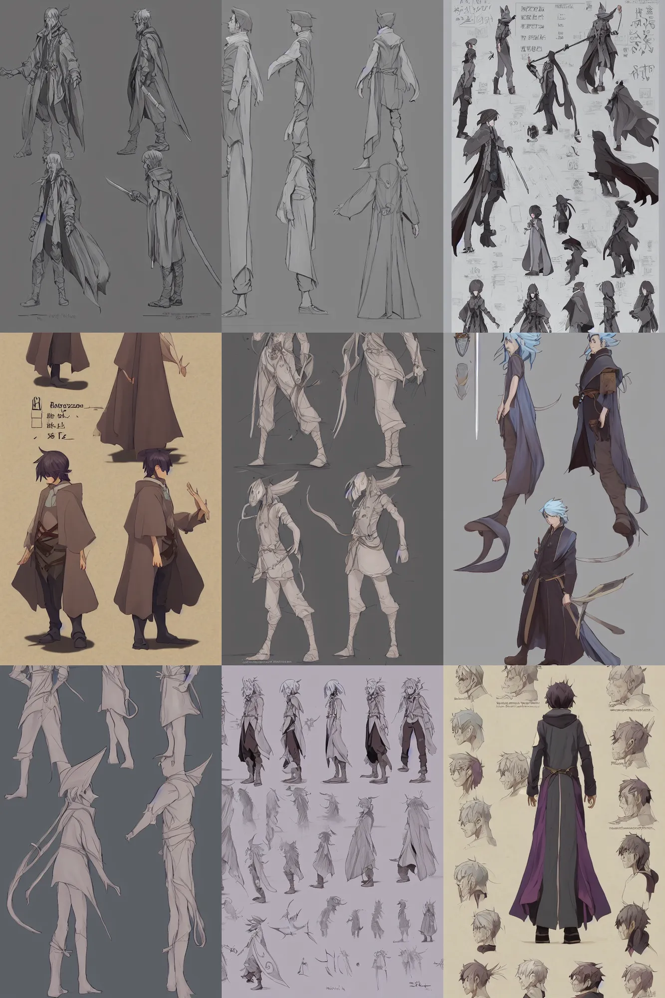 Prompt: magical wizard, character concept, character reference sheet, front and side views, face details, by Makoto Shinkai, Stanley Artgerm Lau, WLOP, Rossdraws, James Jean, Andrei Riabovitchev, Marc Simonetti, krenz cushart, Sakimichan, trending on ArtStation, digital art, character design, lou romano color scheme