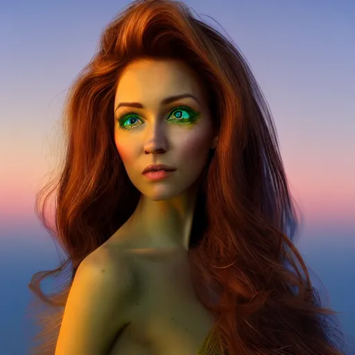 Prompt: photograph of a cute woman with bronze brown hair and vivid green eyes, golden hour, 8k, by Irakli Nadar I