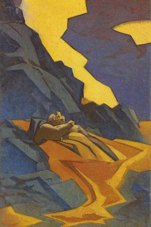 Image similar to thor, marvel, artwork by nicholas roerich,