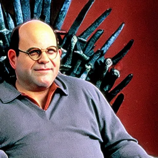 Image similar to George Costanza from Seinfeld sitting on the iron throne from Game of Thrones