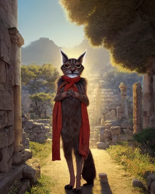 Image similar to fullbody photo of humanoid cute sad fluffy caracal dressed in toga, sun behind him, ancient greek city, sunny day, by ilya kuvshinov, rtx rendering, octane render 1 2 8 k, maya, extreme high intricate details by tom bagshaw, medium shot, composition by sana takeda, lighting by greg rutkowski