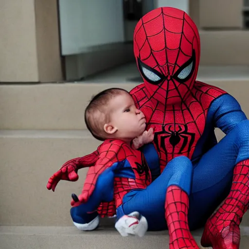 Image similar to spiderman holding baby wearing spiderman costumes, an film still