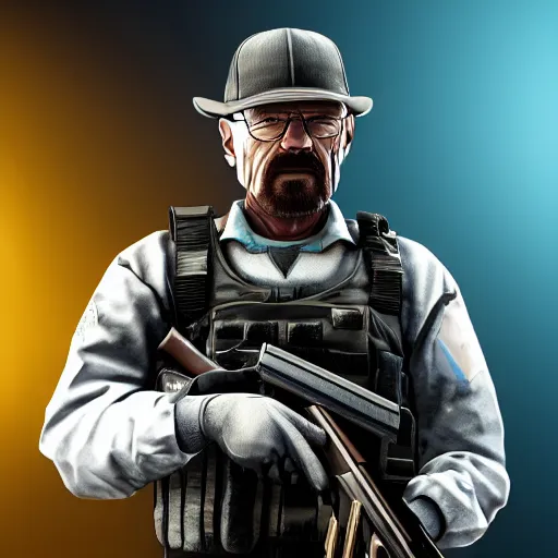 Image similar to walter white holding a shotgun as a rainbow six siege operator, 4 k, highly detailed