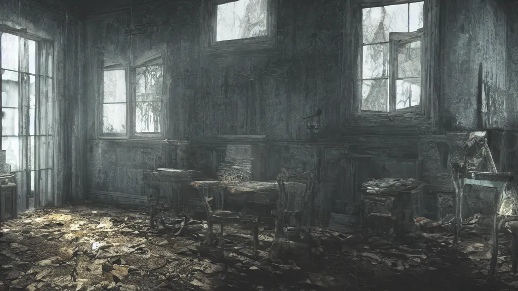 Image similar to A ghost in the shadows of a dark decrepit cottage, highly detailed interior, hyperrealistic, Lumion render, 8k UHD