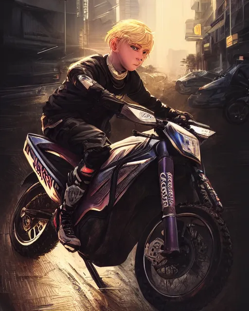 Image similar to beautiful blonde teenage boy wearing cyberpunk intricate streetwear riding dirt bike, beautiful, detailed portrait, cell shaded, 4 k, concept art, by wlop, ilya kuvshinov, artgerm, krenz cushart, greg rutkowski, pixiv. cinematic dramatic atmosphere, sharp focus, volumetric lighting, cinematic lighting, studio quality