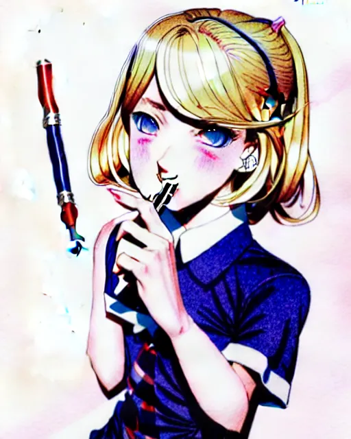 Prompt: depicting a young mischievous female prep school student with medium length bright blonde hair and pale skin, in an old study room smoking her dad's cigarettes, complex artistic color ink pen sketch illustration, subtle detailing, illustrated by Artgerm and Range Murata.