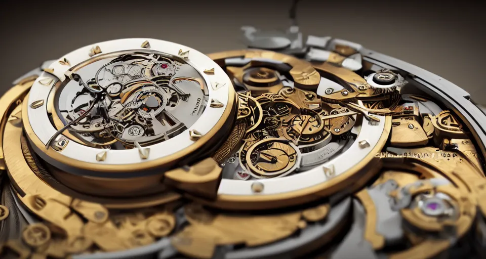 Prompt: complex 3 d render of a futuristic steampunk watch lying on a table, high detail, sharp focus, glowing interior components, intricate detail, depth of field, bokeh, cinematic lighting and composition, octane render, film grain, bovet fleurier