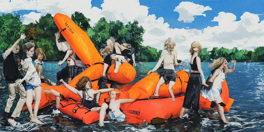 Image similar to abbey road crossing cover, life raft, festival, lake, having fun, people, friends, sunshine, ashley wood, graphic illustration, hyper real, realistic faces