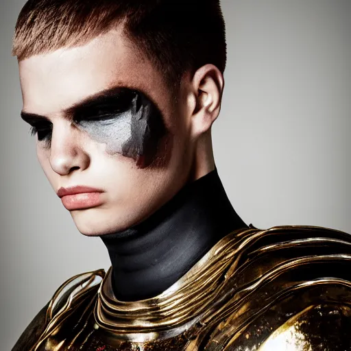 Prompt: a portrait of a beautiful young male wearing an alexander mcqueen armor made of latex , photographed by andrew thomas huang, artistic