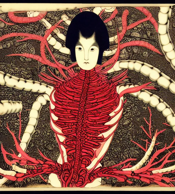Prompt: still frame from Prometheus by giger by utagawa kuniyoshi, harvest goddess cyborg in crimson filament mycelium, dressed by Neri Oxman and alexander mcqueen, metal couture haute couture editorial