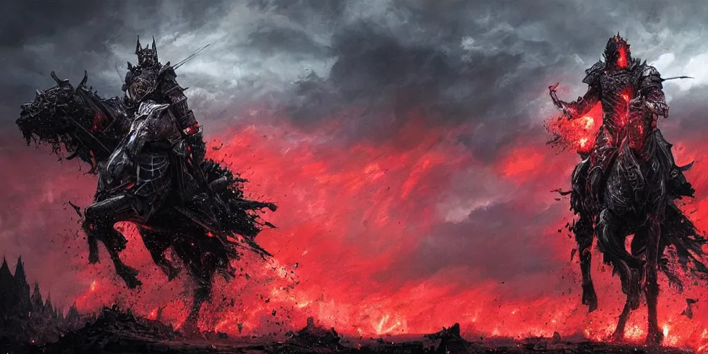 Image similar to a angry knight in full plate of black armor, splattered with blood, riding a large black war horse, with red glowing eyes flowing red mane and tail, blackened clouds cover sky, crackling with lightning, a castle in distance burns, concept art by greg rutkowski, craig mullins, todd mcfarlane,