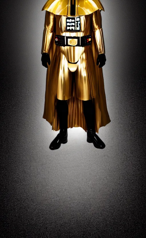 Image similar to A phone wallpaper of a full body golden Darth Vader suit in a black room, studio lighting,