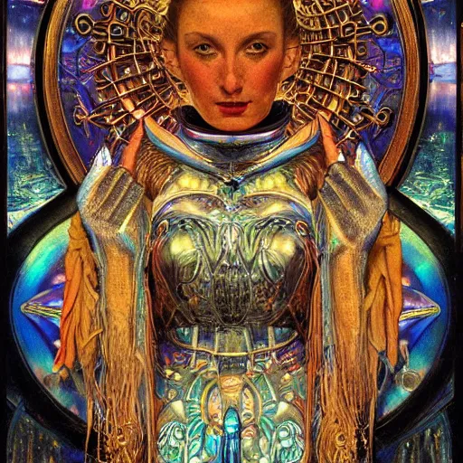 Image similar to renaissance portrait of an iridescent art deco machine priestess, reflective detailed textures, highly detailed fantasy science fiction painting by moebius, norman rockwell and william holman hunt. modern industrial shaman, rich colors, high contrast. artstation