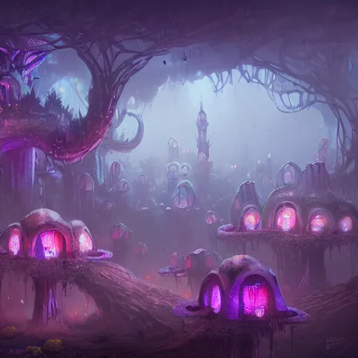 Image similar to concept art detailed painting of a dark purple fantasy fairytale fungal town made of mushrooms, with glowing blue lights, in the style of jordan grimmer and neil blevins and wayne barlowe