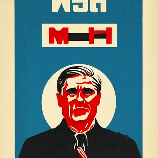 Image similar to minimalist soviet propaganda of robert mueller!!! standing with folded arms, polish movie poster