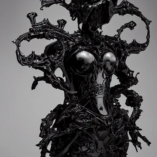 Image similar to garden of bone, dark priest, carved latex armour transparent black veil, hell, dark gold accents, frontal, black rococo, sculpted by tsutomu nihei, emil melmoth, zdzislaw belsinki, craig mullins, yoji shinkawa, artstation, beautifully lit, peter mohrbacher, zaha hadid, hyper detailed, insane details