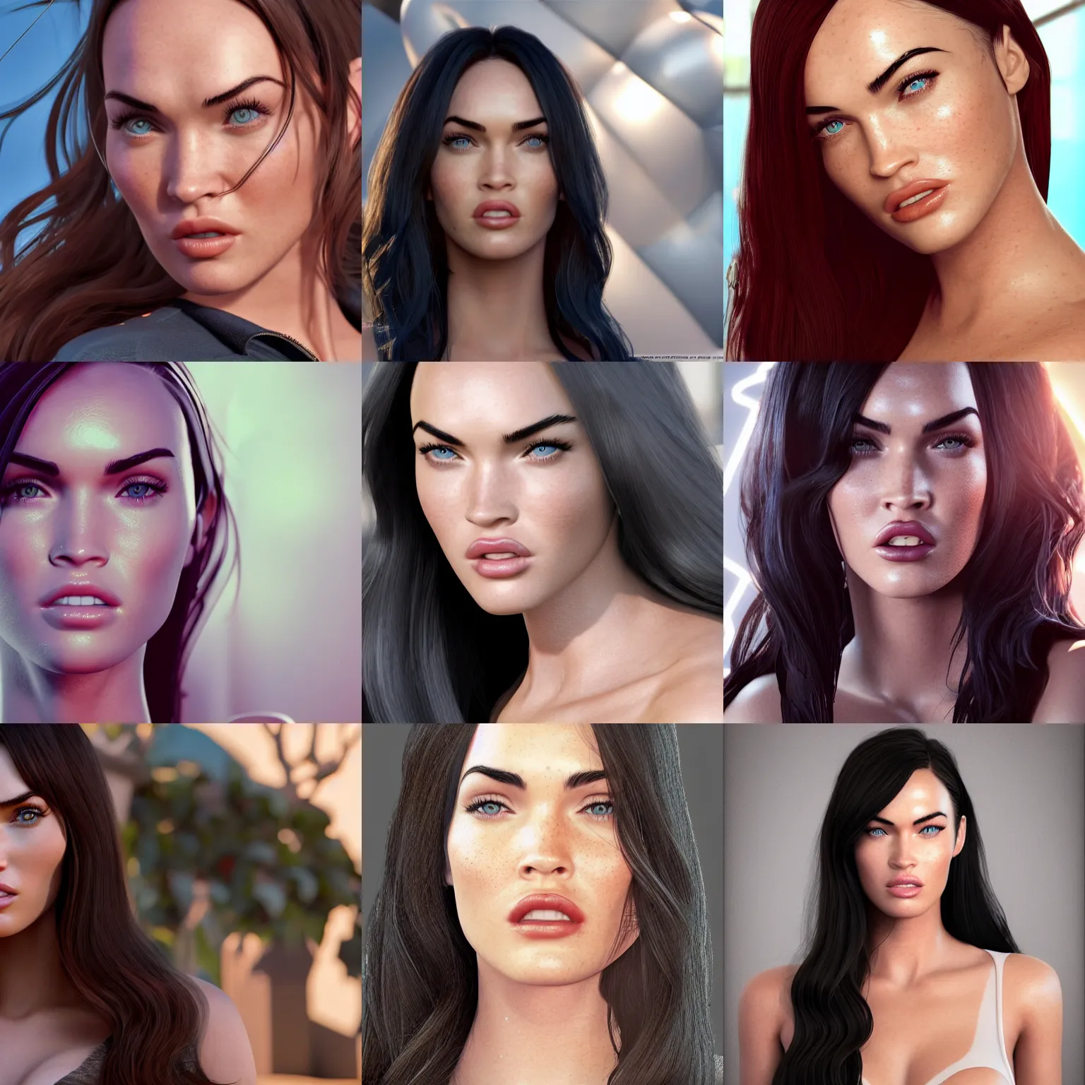 Prompt: megan fox, raytracing, cute face, 4 k, very high details, disney style, 3 d raytracing, global ilumination, gi, depth of field, ambient oclusion, cycles render, octane render, arnold render