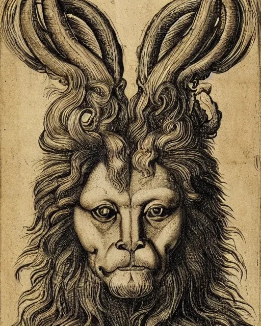 Image similar to a creature with four faces in one, human eyes, eagle beak, lion mane, two horns on the head, drawn by da vinci