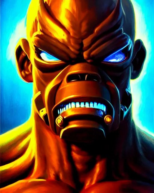 Image similar to doomfist from overwatch, elegant, confident, smug, ripped, buff, strong, colorful, fantasy, fantasy art, character portrait, portrait, close up, highly detailed, intricate detail, amazing detail, sharp focus, vintage fantasy art, vintage sci - fi art, radiant light, caustics, by boris vallejo