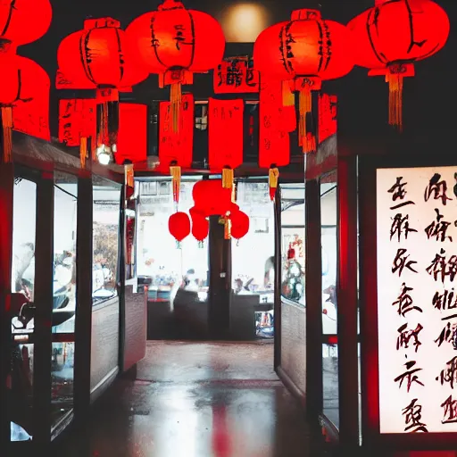 Image similar to a tiny night club with five red chinese lanterns, people's silhouettes close up, wearing white t - shirts that glow in the dark, minimalism, darkness