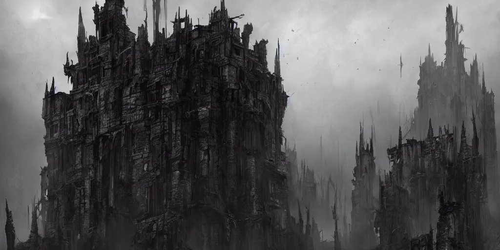 Prompt: grimdark chaos fortress, ruined, terrifying architecture, looming, dark, fog, dark souls, hyperrealistic, artstation