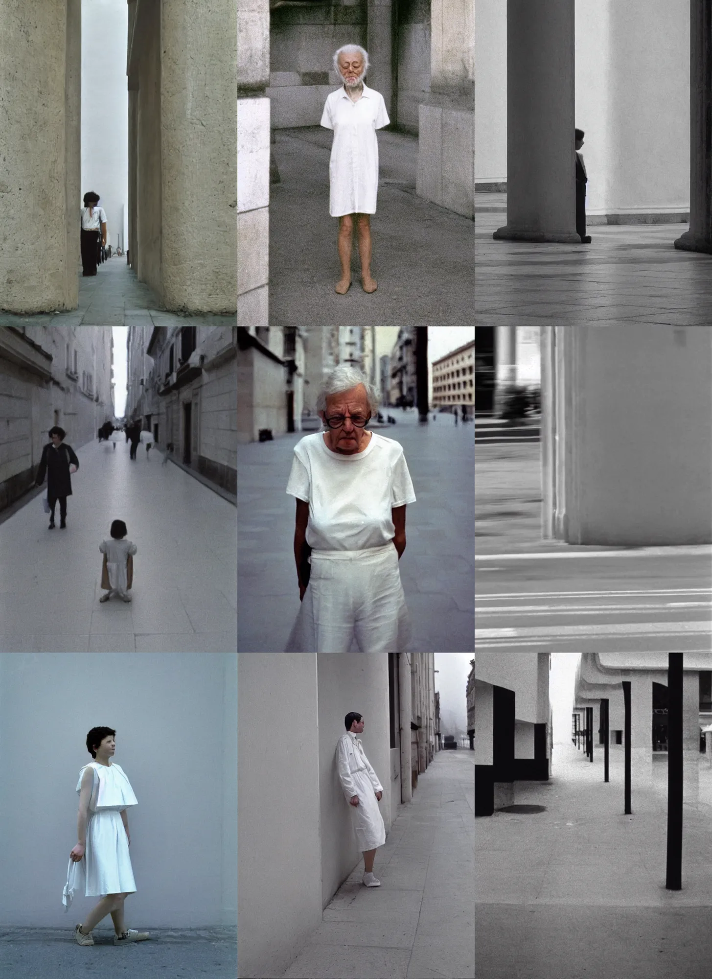 Prompt: out of focus street photography by luigi ghirri, very blurry, translucent white skin, closed eyes