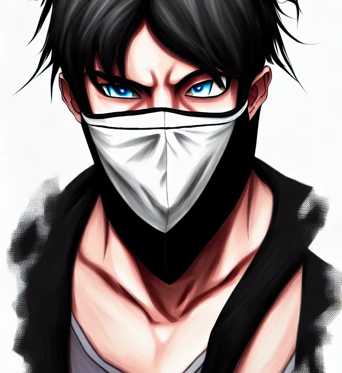 Image similar to white man with black fabric mask, short dark hair, true anatomy!, digital painting, style of akira anime