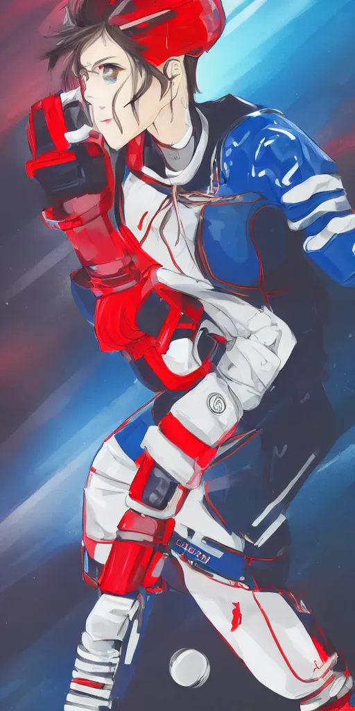 Image similar to female akira anime cyberpunk super star ice hockey player, wearing a light futuristic habs jersey, blue white and red color blocking, character concept exploration, outfit designs, trending on artstation, photorealistic, 8k