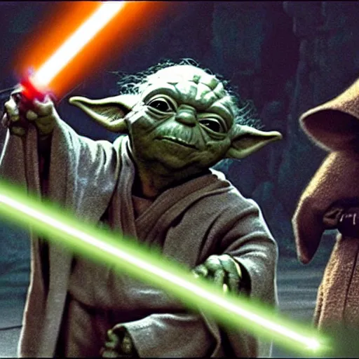 Image similar to yoda holding a light saber fighting battling darth vader. yoda duelling darth vader on the bridge of the starship enterprise.