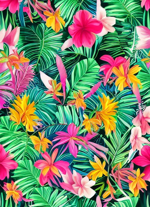 Prompt: wall painting of tropical plants and flowers over white background by lisa frank, behance, airbrush art, digital painting