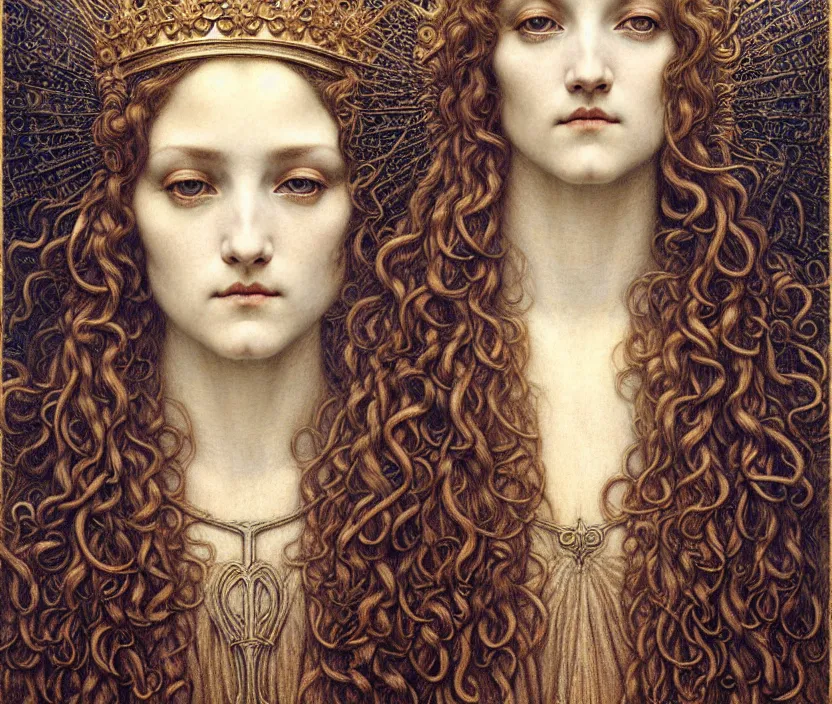 Image similar to detailed realistic beautiful young medieval queen face portrait by jean delville, gustave dore and marco mazzoni, art nouveau, symbolist, visionary, gothic, pre - raphaelite. horizontal symmetry