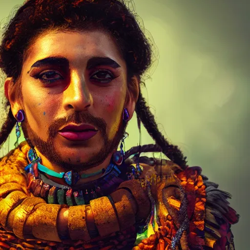 Prompt: an oil art close up portrait of young roma mage with hex magic in style of disco elysium character, gipsy jester character design from ravenloft, 4 k, ultra detail, volumetric lighting, unreal engine, octane render